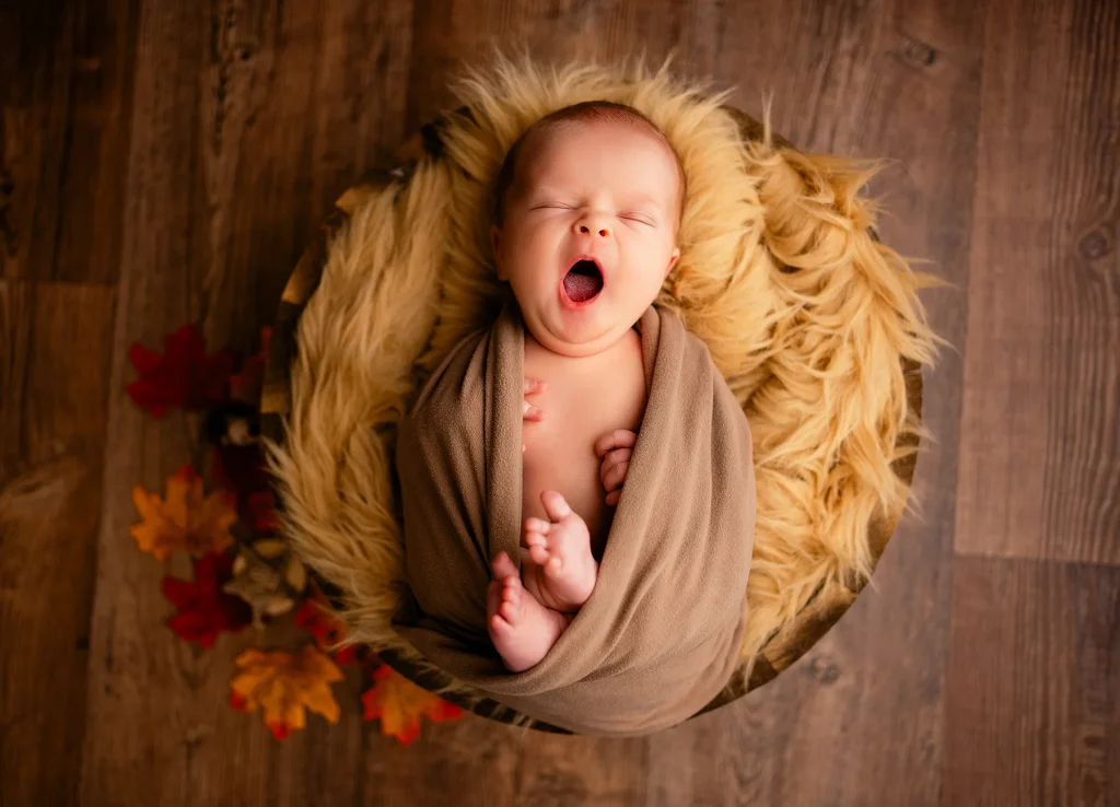 Sleeping baby yawning in fur filled basket in studio in Preston