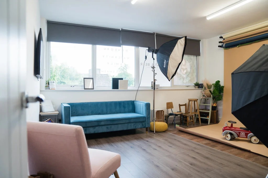 Seating and lights in a photography studio